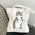 Kawaii cat canvas tote bag in off-white with gray striped kitten print and wide shoulder straps - Standing Soft Moe Cat