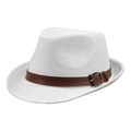 White Panama straw sun hat with dark brown leather band and silver metal buckle detail - 58cm (Adjustable) / White with Brown Belt