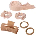 Pink velvet heatless hair curler set with matching scrunchies and matte claw clip - Camel Bow 5-Piece Set