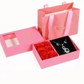 Pink jewelry gift box with six red roses, featuring a green gemstone necklace and ring set - Heart-shaped Deep Pink; Box + Card (tote Bag Not Included)