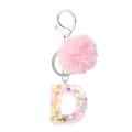 Pink faux fur pompom keychain with letter D resin pendant filled with heart sequins - Letter D