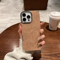 Brown suede case for iPhone 16 Pro Max with silver electroplated camera ring - Brown / iPhone 14