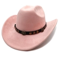 Detail of pink suede cowboy hat featuring brown leather band and bull head metal badge - M (56-58cm) / Light Pink