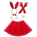 Red bunny cosplay set featuring star tutu skirt, rabbit ears, and long satin gloves - Red 6-Piece Set