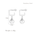 Silver stainless steel C-shape earrings with white pearl pendants and size labels - Square Hoop with Pearl / Silver (LE3241)