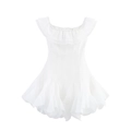 Elegant white off-the-shoulder ruffle mini dress with tiered puff layers and chiffon texture - S / White