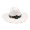White felt cowboy hat with brown leather band featuring turquoise and bronze studs - One Size / White