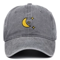 Dark grey washed cotton baseball cap with yellow moon and stars embroidery on front - Adjustable / Gray
