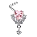 Dettaglio del piercing al naso a forma di L con gemma a cuore rosa e cristalli chiari - Stile Pendente in Zirconia Cuore Rosa (24030802-1)