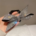 Macro shot of large rhinestone bow hair tie showing sparkling crystal details and high-elastic band - Style C Scrunchie / White
