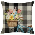 Linen cushion cover featuring black-white gingham with blue bicycle and floral basket - 18x18 Inch / Blue Bicycle Buffalo Plaid (LYD442-1)