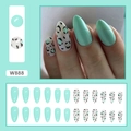 Detailed view of mint green and leopard print almond press-on nails set style W888 - Fresh Leopard (W888)