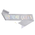 Silver glitter birthday queen sash with holographic lettering and gold safety pin - QUEEN Silver Holographic Lettering