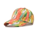 Detailed view of colorful feather print cotton baseball cap with orange and yellow patterns - Orange Feather