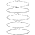 Fünfteiliges Set aus silbernen Gliederketten mit Büroklammer- und Schlangenkette - Silber (Vierkantglied/Schlangenkette/Figarokette/Gedrehte Kette/Panzerkette)