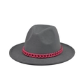 Detail of gray felt fedora hat featuring a chunky magenta decorative chain strap - Color 07