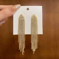 Detail of long gold tassel earrings featuring sparkling zircon fringe and triangle tops - Triangle Tassel Style (12#)