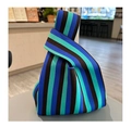 Striped knit wrist bag in dark brown, bright blue and emerald green woven patterns - Blue Striped