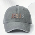 Vintage grey washed denim baseball cap featuring colorful JESUS lettering with adjustable strap - Gray