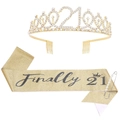 Golden 21st birthday set with rhinestone tiara, 'Finally 21' glitter sash and pearl pin - 21 Years Old Gold (Tiara And Gold Sash And Pin)