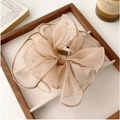 Elegant champagne organza layered scrunchie with brown trim and ruffled texture - Apricot Silk Gauze Bow Claw Clip