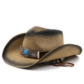 Detail of woven straw cowboy hat with bohemian turquoise stone buckle and wind cord - M(56-58cm) / Khaki Black (JX98387)