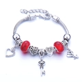 Silver snake chain bracelet with red glass beads and heart charms for women - Red
