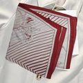 Elegant silk scarf featuring burgundy floral prints and stripes on a grey-white background - Red-edged Floral Square Scarf / 65