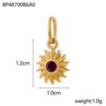 Close-up of a gold sunburst pendant with purple gemstone core and size measurements - Sun Pendant - Gold With Dark Red Zirconia