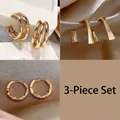 Three-piece golden twisted hoop earring set with geometric frames and zircon inlay - 8# Three-layer Hoop and Square Frame Set (AL144)