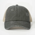 Detail view of distressed grey denim brim with vintage holes and beige mesh panels - One Size / Army Green