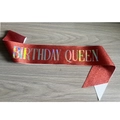 Glittery dark red Birthday Queen sash with holographic lettering for birthday party girl - Holographic Red Birthday Queen