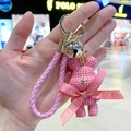 Pink woven rabbit keychain with LOVE ribbon and metal bell accessory for bags - Pink Rabbit