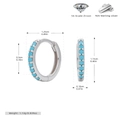 Detailed dimensions and weight of S925 sterling silver hoop earrings with turquoise stones - Inner Diameter 9mm / Silver (Platinum Plated)