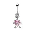Pink heart crystal navel ring with silver bow and sparkling white rhinestones - Silver Pink Heart Bow Style (#5)