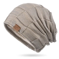 Fleece lined winter knit hat in grey with square textured pattern and leather patch - Mixed Beige