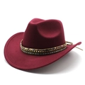 Classic burgundy wool felt cowboy hat with ethnic woven band and golden metallic studs - M (56-58cm) / Burgundy