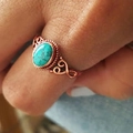 Retro turquoise ring with oval stone and filigree copper-tone metal open design - Rose Gold