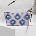 Waterproof travel cosmetic bag with evil eye pattern on a geometric white pedestal - 69-Pink Peacock Feather Eye