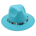 Detail of teal fedora hat showing bohemian beaded band with wooden beads and metal floral spacers - One Size / Lake Blue (Obsidian Decoration)