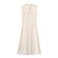 Elegant cream sleeveless linen midi dress with button-down front and waist tie belt - Beige / XS