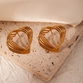 Detail view of gold hollow heart stud earrings crafted from textured metallic wires - Gold Hollow Multi-Layer Heart (BJGE1016)