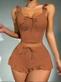 Detail of brown V-neck camisole with bow decoration and ruffled hem shorts set - Red Brown