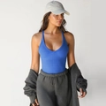 Royal blue ribbed knit tank top with deep V-neck and thin straps for Y2K sporty style - Blue
