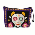 Trousse de maquillage violette Jour des Morts avec motif de crâne et dragonne noire - Calavera de Sucre Fleurs Colorées (xy-035-01) / Avec Dragonne