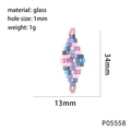 Detail view of handmade mosaic diamond bead charms with 34x13mm size specifications - P05558