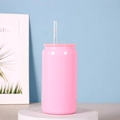 Sublimations-Glaskorb in Pink 12oz mit passendem Bambusdeckel und klarem Glasstrohhalm - 16OZ Einschichtig Kunststoffdeckel Rosa