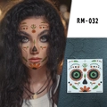 Halloween face tattoo with orange floral and green leaf patterns, model RM-032 - Orange Floral Geometric(RM-032)
