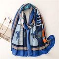 Detail of blue and orange horse pattern scarf with soft cotton-linen texture - Blue (Modern Abstract Horse)