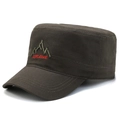 Men's dark brown flat top army cap with mountain embroidery in durable twill cotton - Mountain Style / Army Green